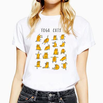 YOGA CATS Cartoon Graphics Print Women Tees Summer Casual Short Sleeves O-Neck T Shirts Ladies Tops Female Clothes