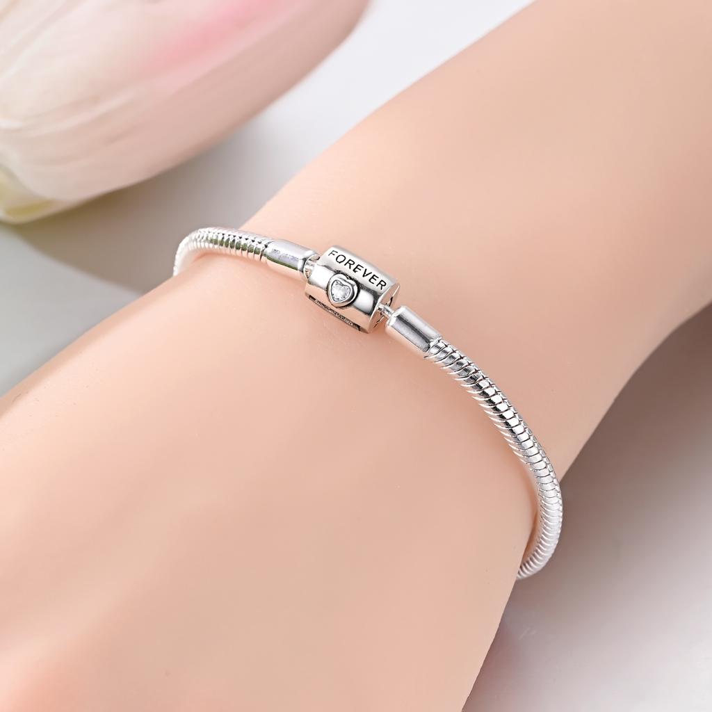 925 Silver Heart Charm Bracelet with Snake Chain for Women DIY Bead Jewelry