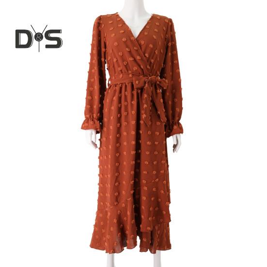 Women Spring Fall Dress Dot Applique Solid Color V Neck Belted Tight High Waist A Line Irregular Ruffle Hem Bohemian Flowy Wedding Party Maxi Dress