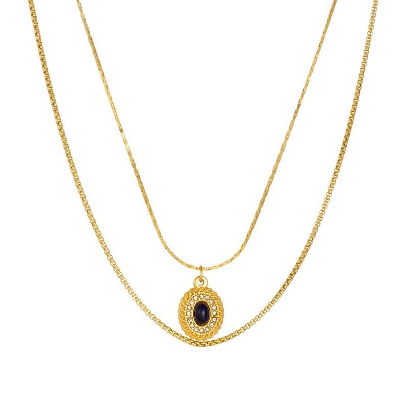 Gold Plated Stainless Steel Layered Black Stone Pendant Necklace for Women