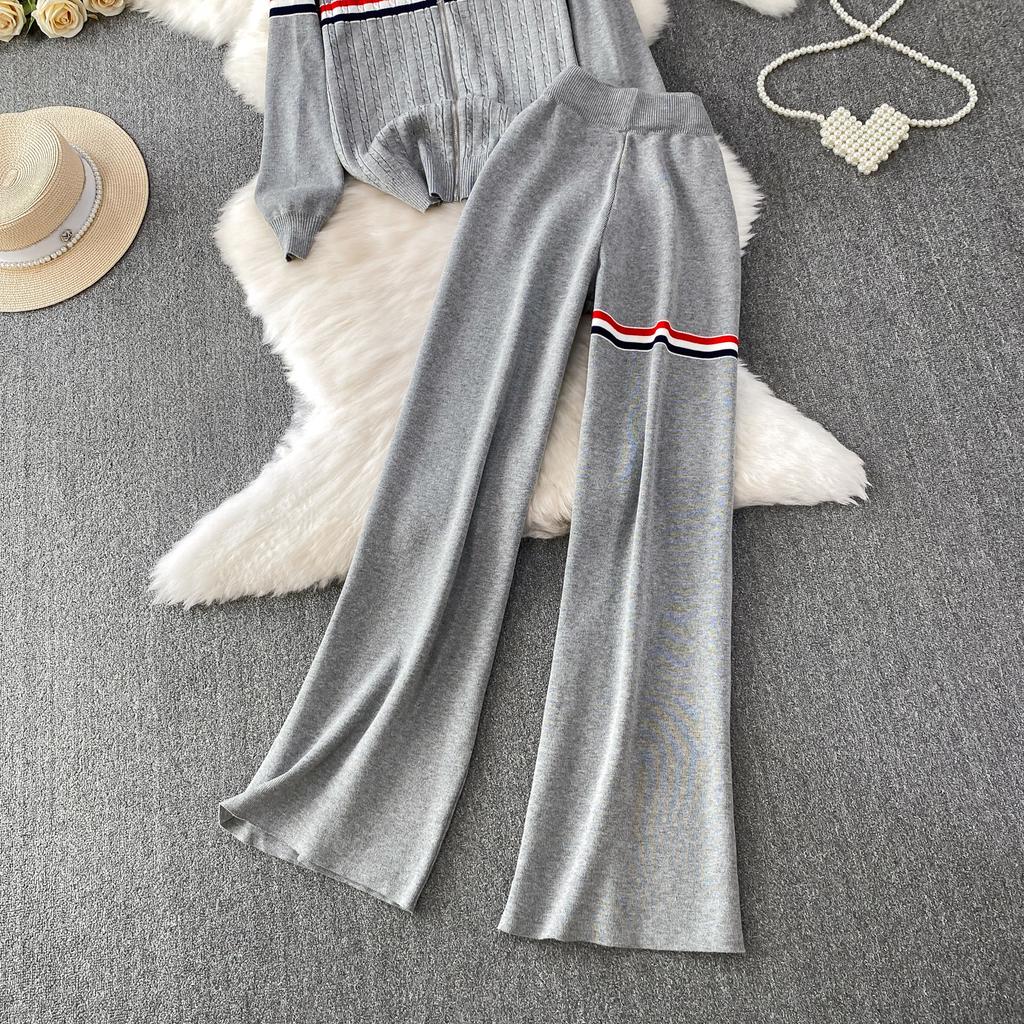 Faionable Knitted Embroidered Striped Set High Waist Wide Leg Pants Zipper Jaet for Women Autumn Season Casual Wear