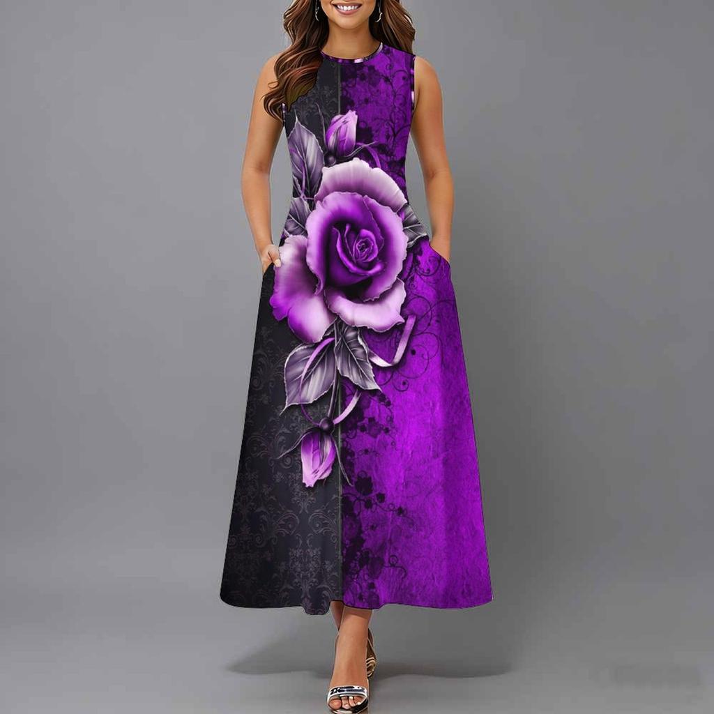 Women Oversized Sleeveless Round Neck Dress Vivid Botanical Printed Loose Midi Dress