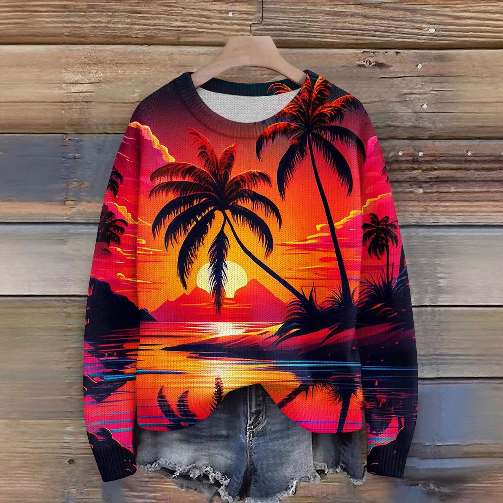 Long Sleeve Pullover Sweaters For Women O Neck Casual Cute Printing Knit Oversized Sweater