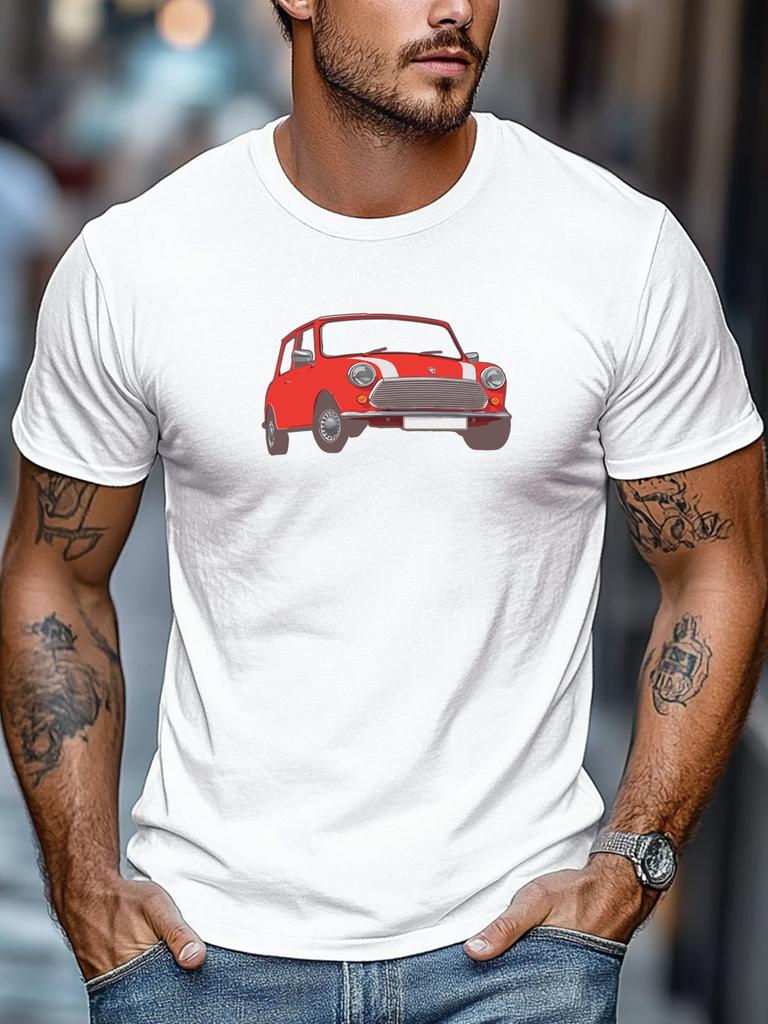 Unisex Light Blue Crew Neck Tee Classic Red Mini Cooper Retro Compact Car Illustration Vintage Auto Fan Soft Cotton Male Tops