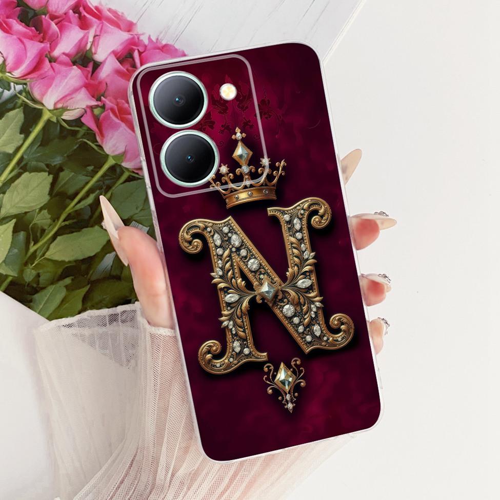 For Vivo V2322 Cover For Vivo Y27S Case Transparent Luxury Crown A-Z Letters 2D Flat Pattern Soft Phone Case For Y27S Vivo