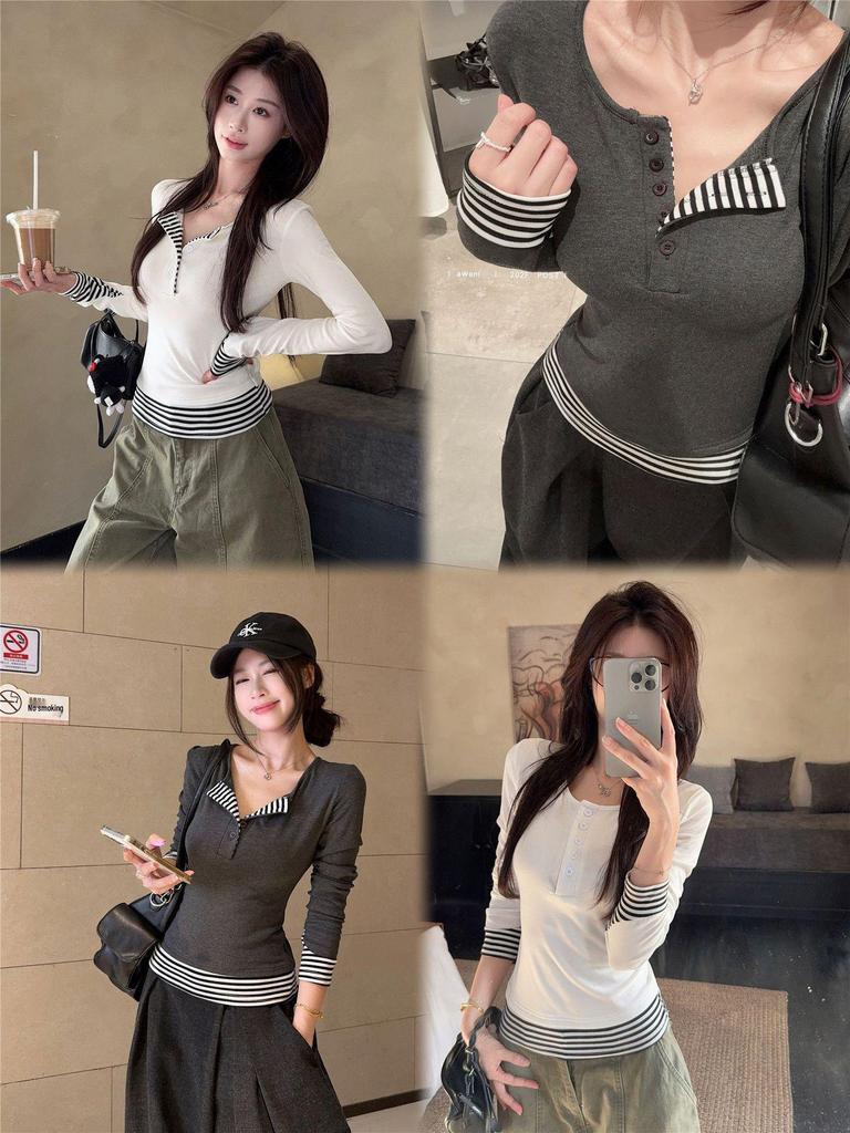 Women's Autumn Slim-Fit Versatile Color-Blocked Long-Sleeve Fake Two-Piece Top