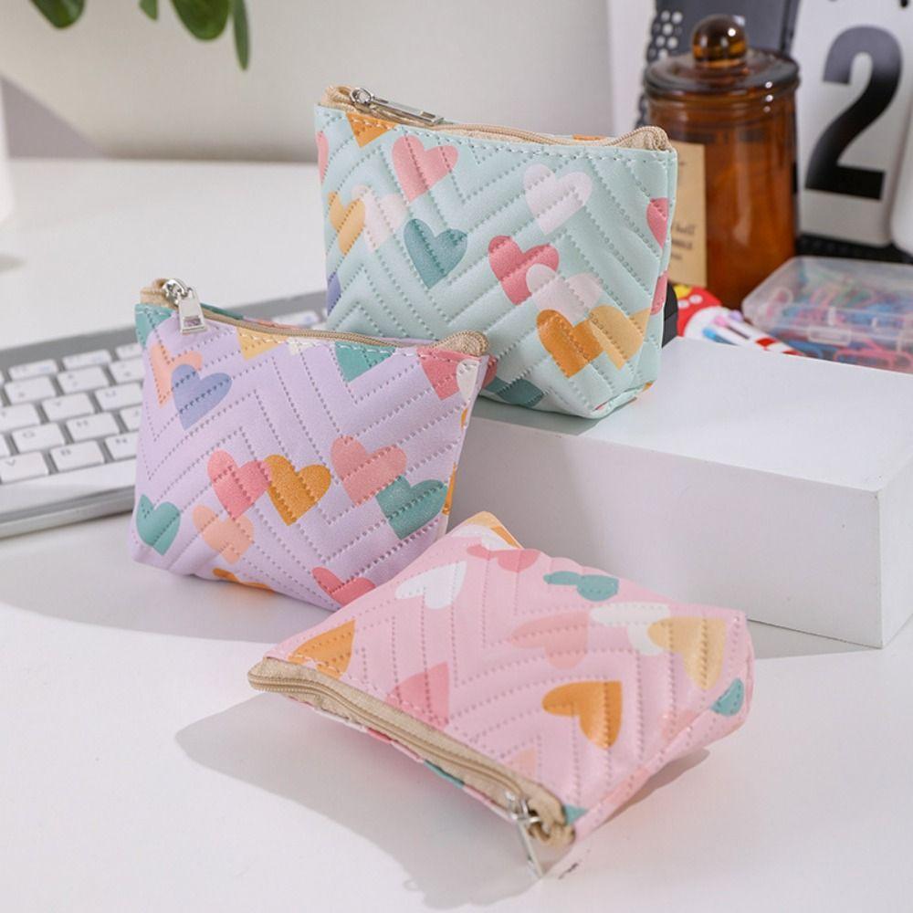 Multi-functional PU Leather Coin Purse Heart Patterns Zipper Closure Small Makeup Bag Lipstick Holder Home Travel