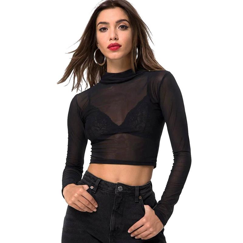 Women Mesh See-through Ultra-thin Slim Elastic Long Sleeve Top Mesh Base Shirt