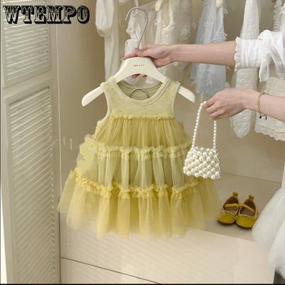 Girls' Spring and Summer Dress with Mesh Patchwork Vest Fashionable and Stylish Princess Skirt
