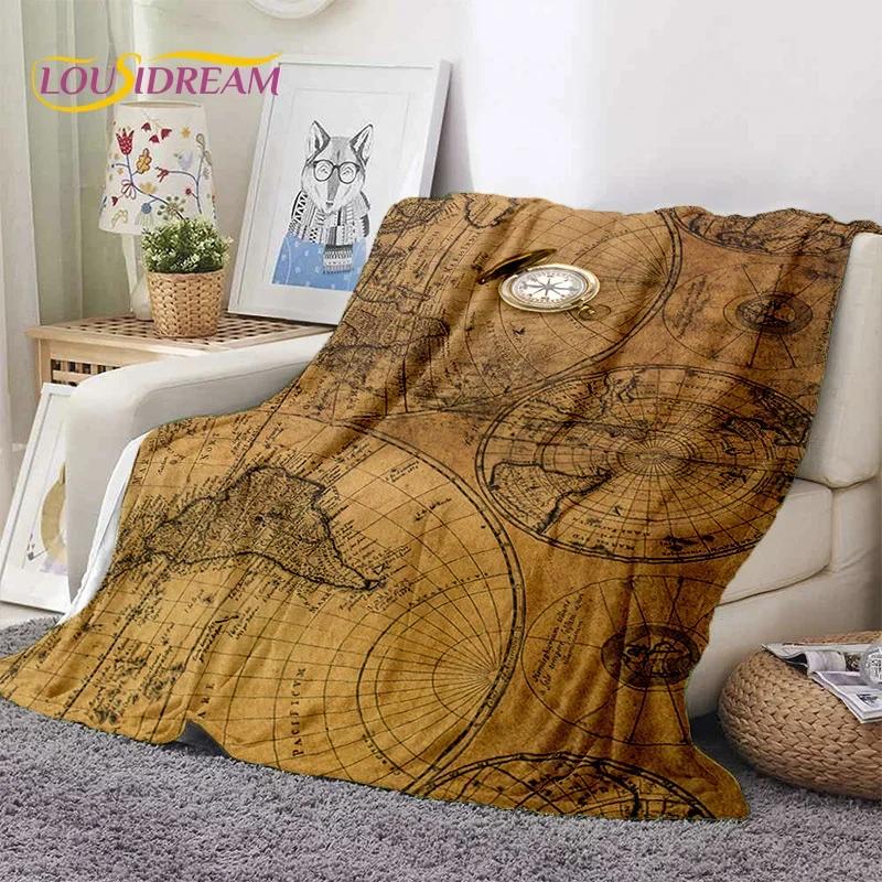 Mappa del Mondo di Carta Nautica Antica 3D Bussola Morbida Coperta in Flanella per Letti Camera da Letto Divano Picnic, Coperta da Lancio per Esterni Tempo Libero