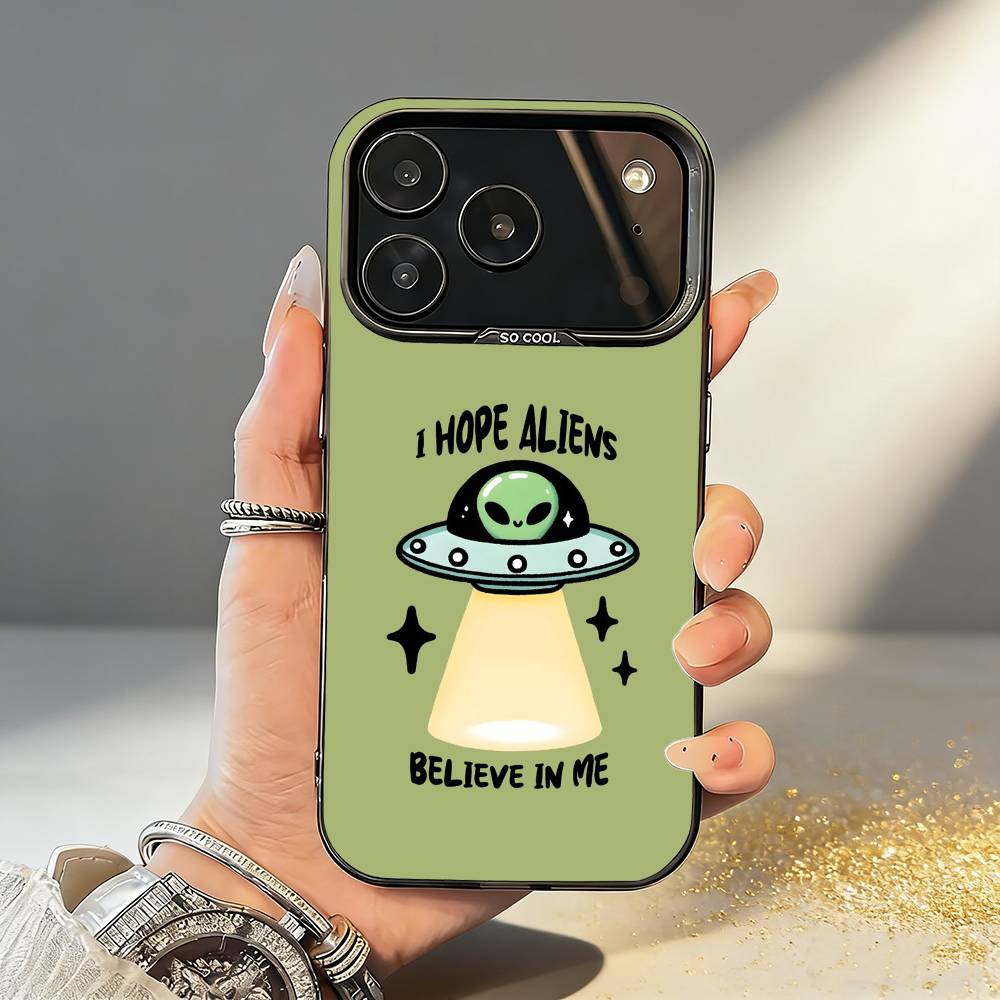 Cartoon S-Space A-Alien UFO Phone Case For iPhone17,16,15,14,13,12,11,Pro,MAX Gray Matte Silicone Black Cover