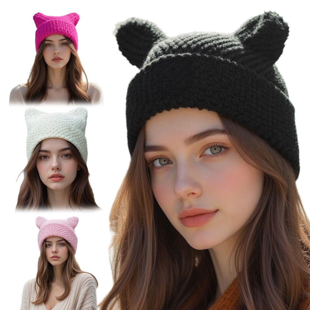 New Cat Ears Japanese Beanie Hat Striped Ins Little Devil Knitted Wool Cap Casual Cute Pointed Pullover Autumn Winter