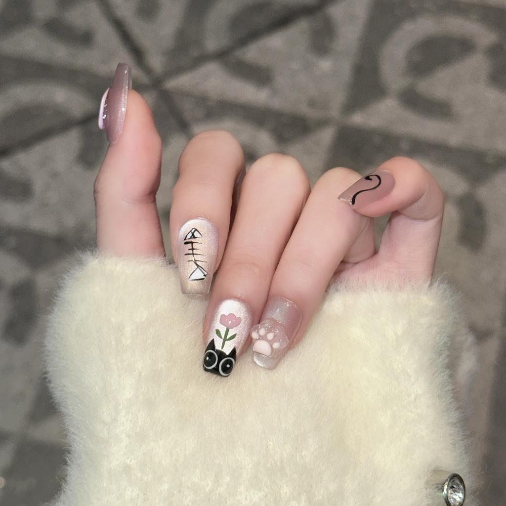 Pure Hand-wearing Armor Cute Daily Short Manicure Hand-painted Cat Pinch Glue Fish Can Be Removed and Reused