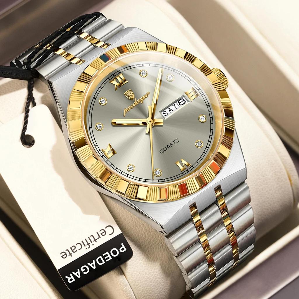 POEDAGAR Luxury Business Male Watch Waterproof Luminous Week Date Wristwatch Stainless Steel Trendy Quartz Watches for Men