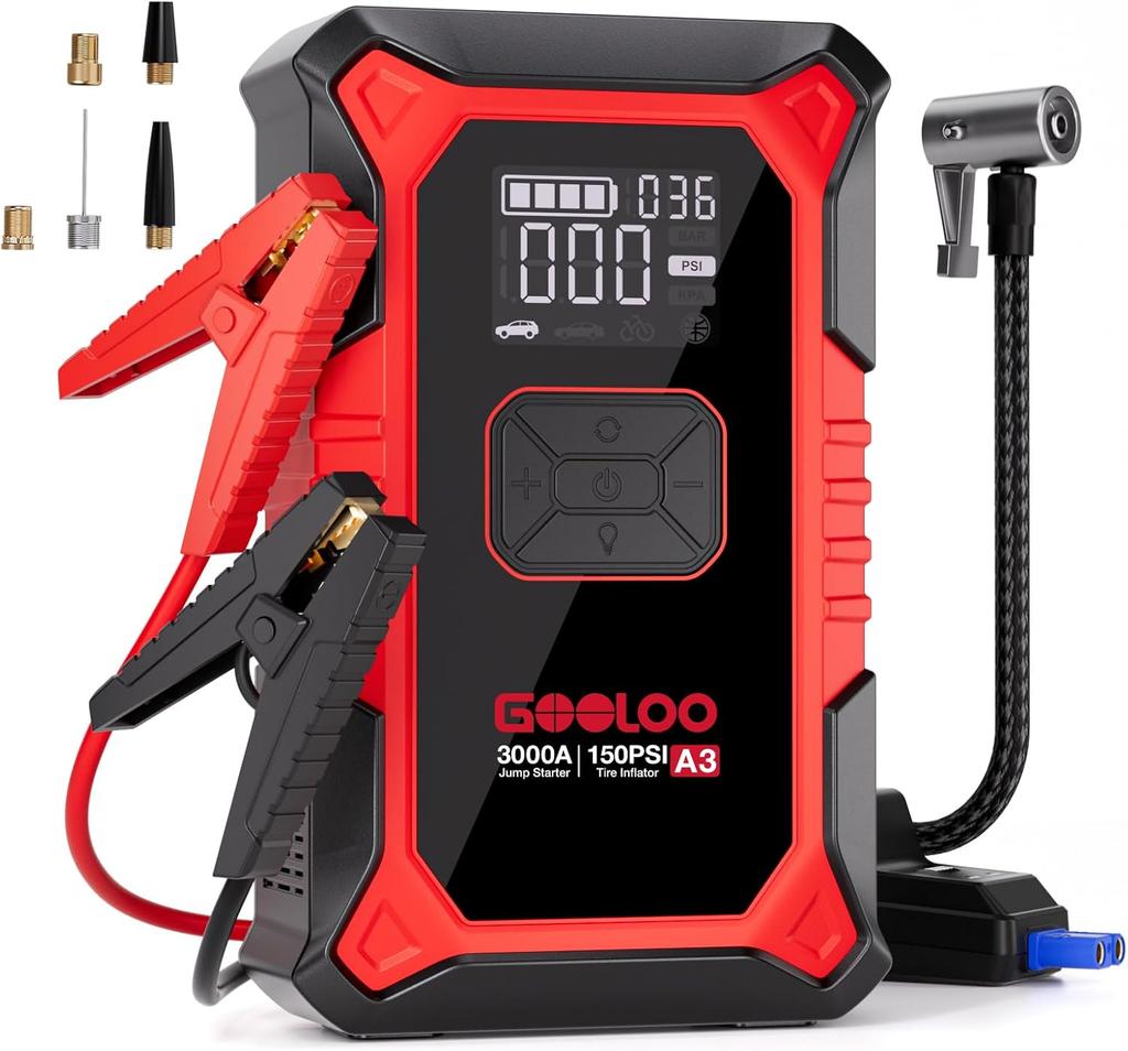 A3 3000A Jump Starter with Air Compressor, 150PSI Tire Inflator, 12V Lithium Car Booster