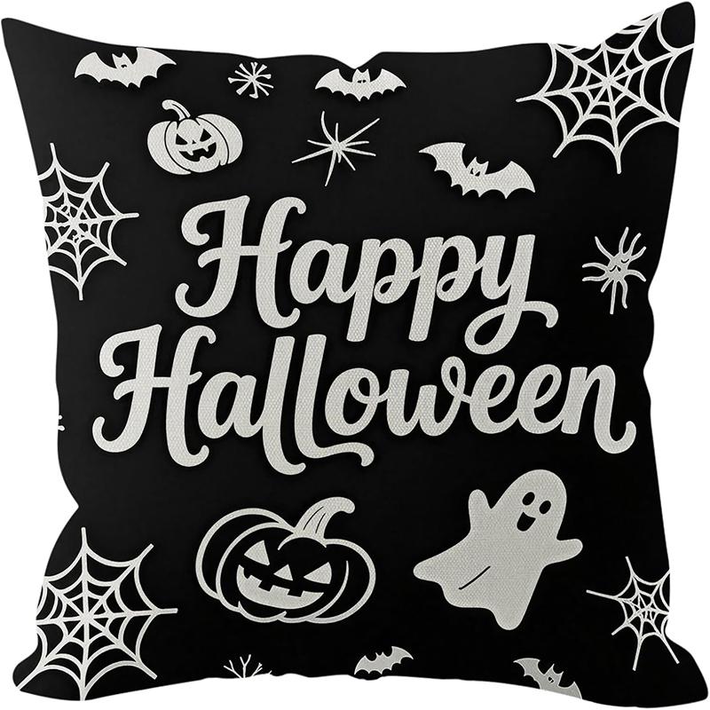 Halloween Throw Pillow Cover with Cat, Skull & Ghost Patterns - "Trick or Treat" Decor for Sofa