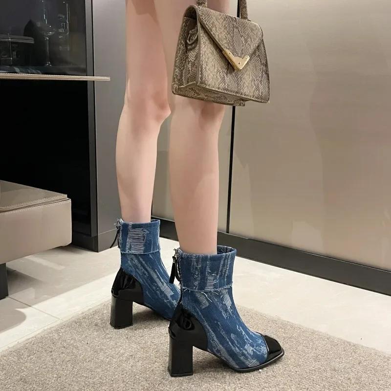 Women's Boots Canvas High-heel Short Boots Autumn Winter  Non Slip Patchwork Zipper Square Toe Windproof Fashion Boots