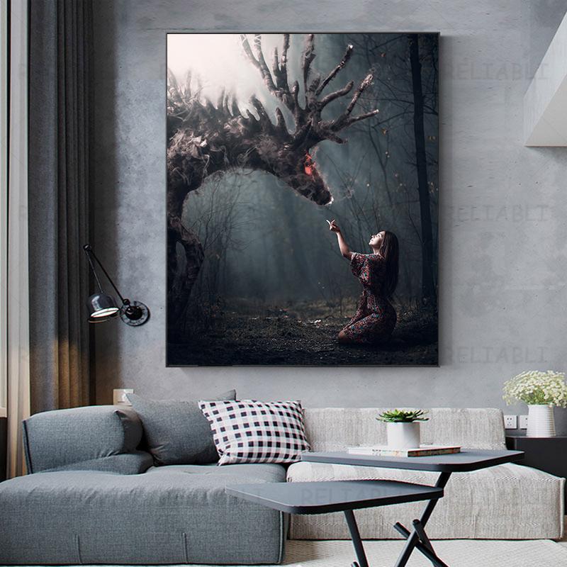 Abstract Canvas Painting with Animals, Deer Painting, Landscape, Horns, Posters and Prints for Living Room Decor, House Decoration, Cuadros