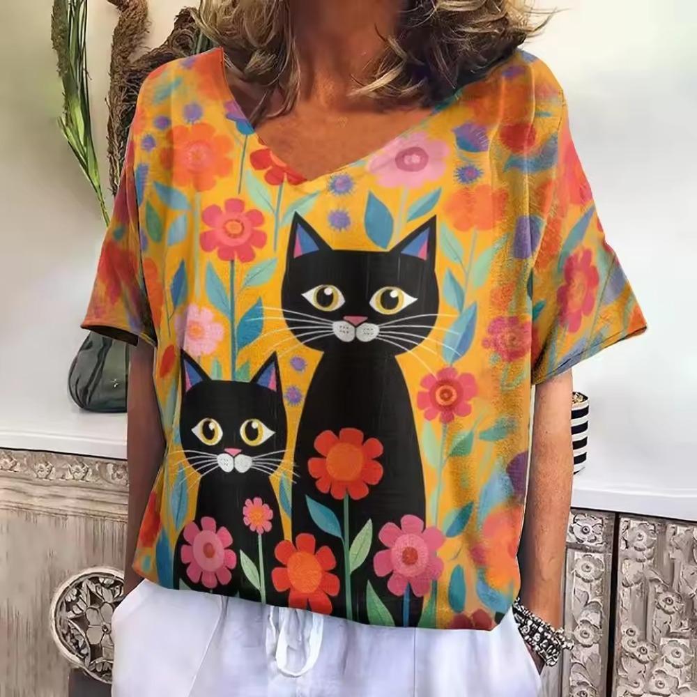 Retro T-shirt Women's V-neck Cartoon Cat Summer Casual Fashion Short Sleeve Tops Harajuku Wind T-shirt OverSize Women's Clothing