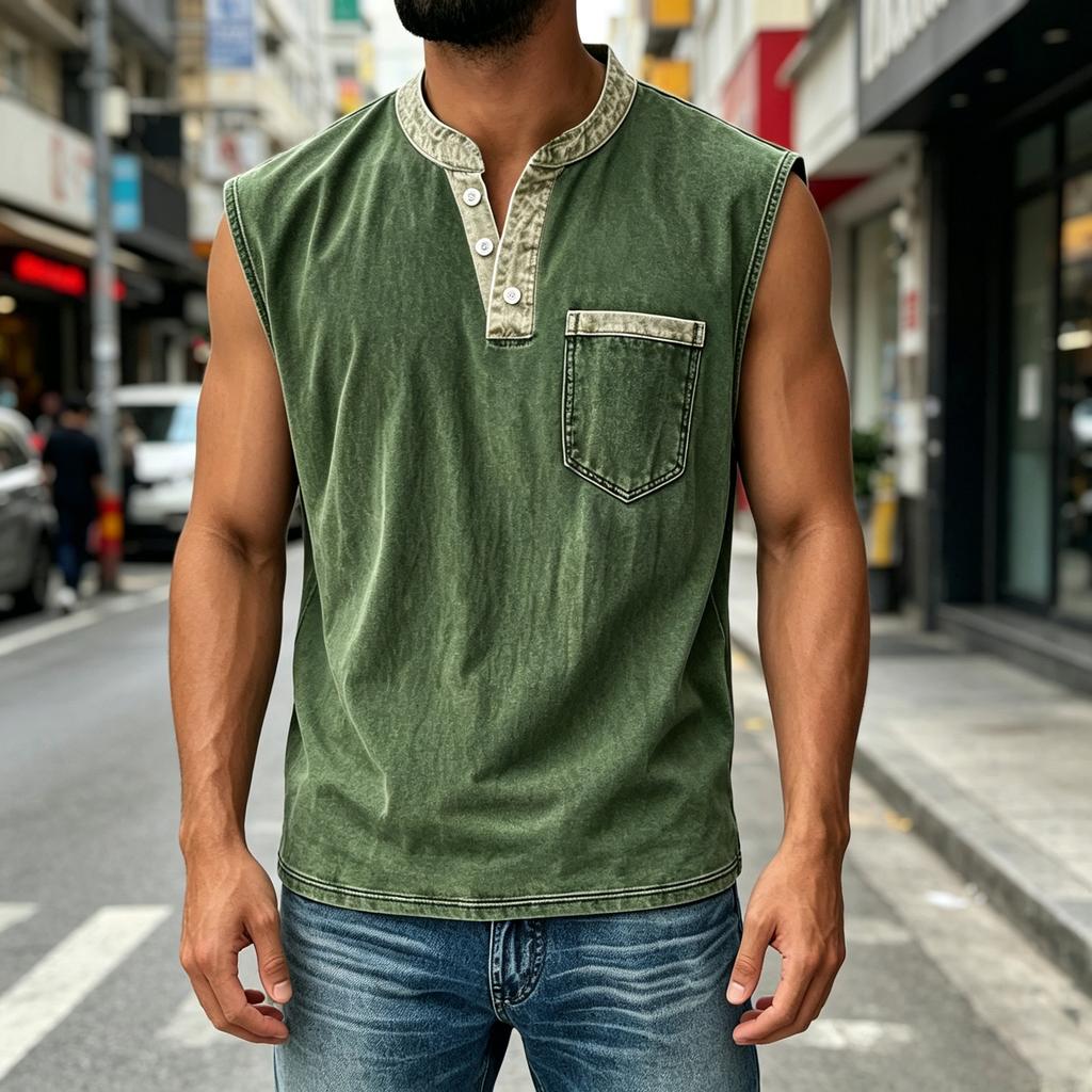 Men Sleeveless Casual Vest Three Button Henley Neck Pocket Front Cotton Linen Blend Summer Top