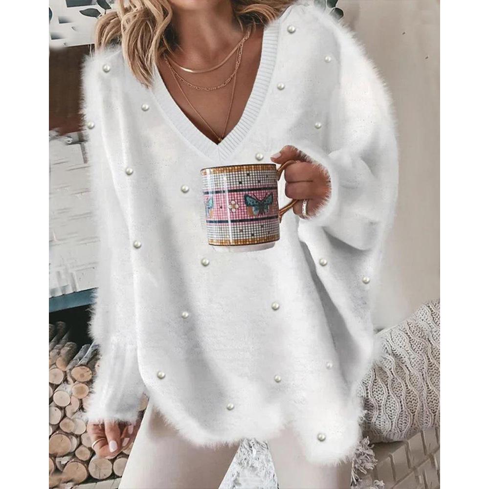2025 A/W V-Neck Beaded Solid Color Sweater for Women