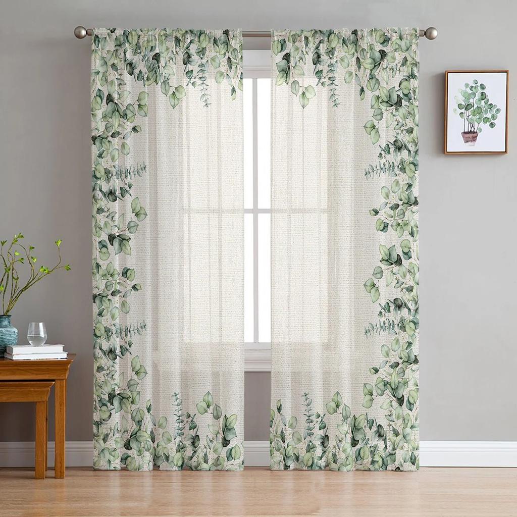 Blue Watercolor Flower Tulle Curtains For Living Room Chiffon Voile Sheer Window Curtain For Bedroom