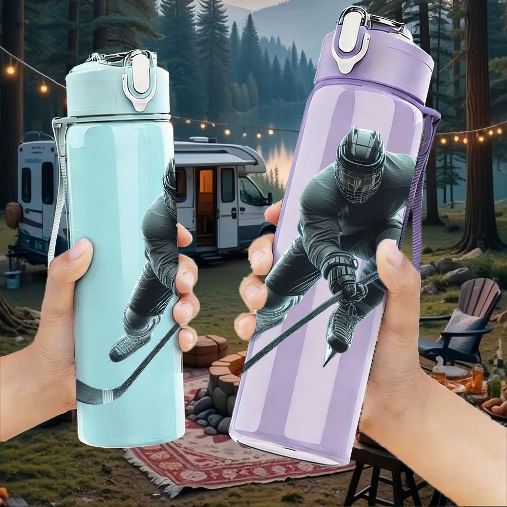 1PC Ice Hockey Athlete Silhouette Print 750ml Color Plastic Sports Water Bottle Leakproof Flip Straw Lid Suitable for Sports Office Home Use