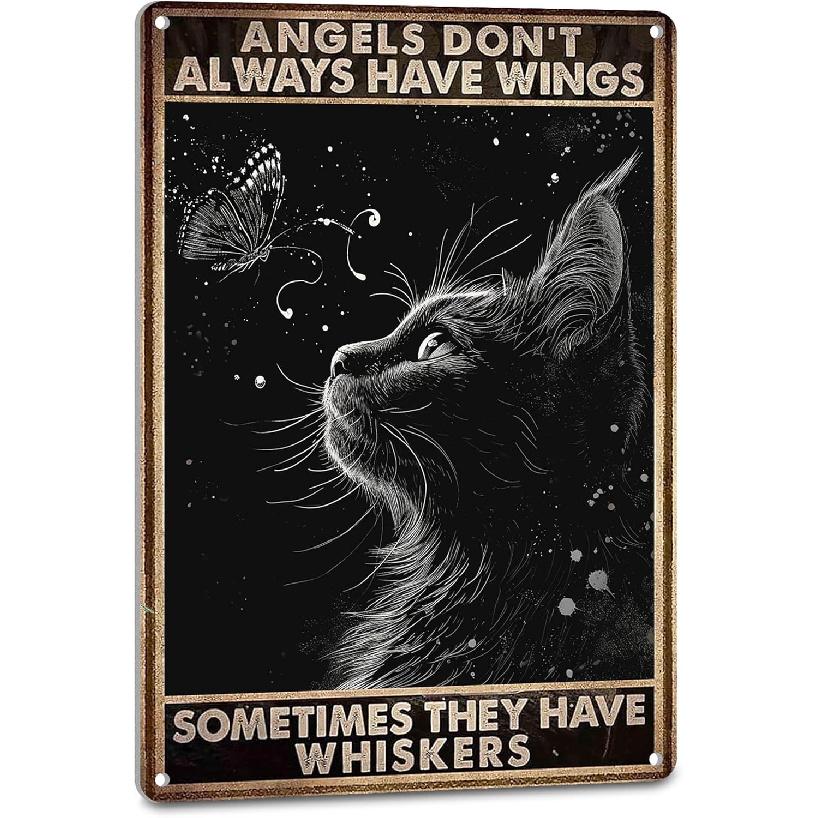 Black Cat Decor Cat Signs Vintage Cat Room Wall Black Art Decor Tin Poster - Angels Don t Always Have Wings Sometimes They Have Whiskers, 8X12 Inches