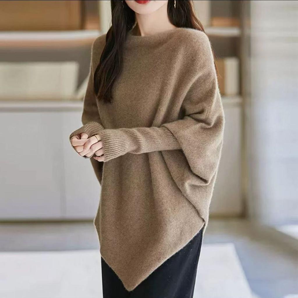 Women's Thin Knitted Batwing Sweater Loose Boat Neck Irregular Sweater Autumn Winter Soft Stretchy Knitted Top