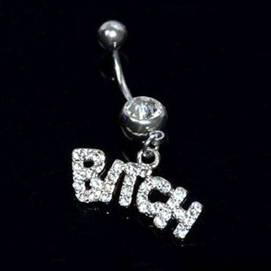 Bitch Letters Rhinestone Crystal Belly Button Navel Ring Barbell Surgical Steel