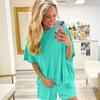 Women's Loose Two Piece Short Set Half Sleeve Pocket Tee Solid Casual Loungewear Matching Outfit