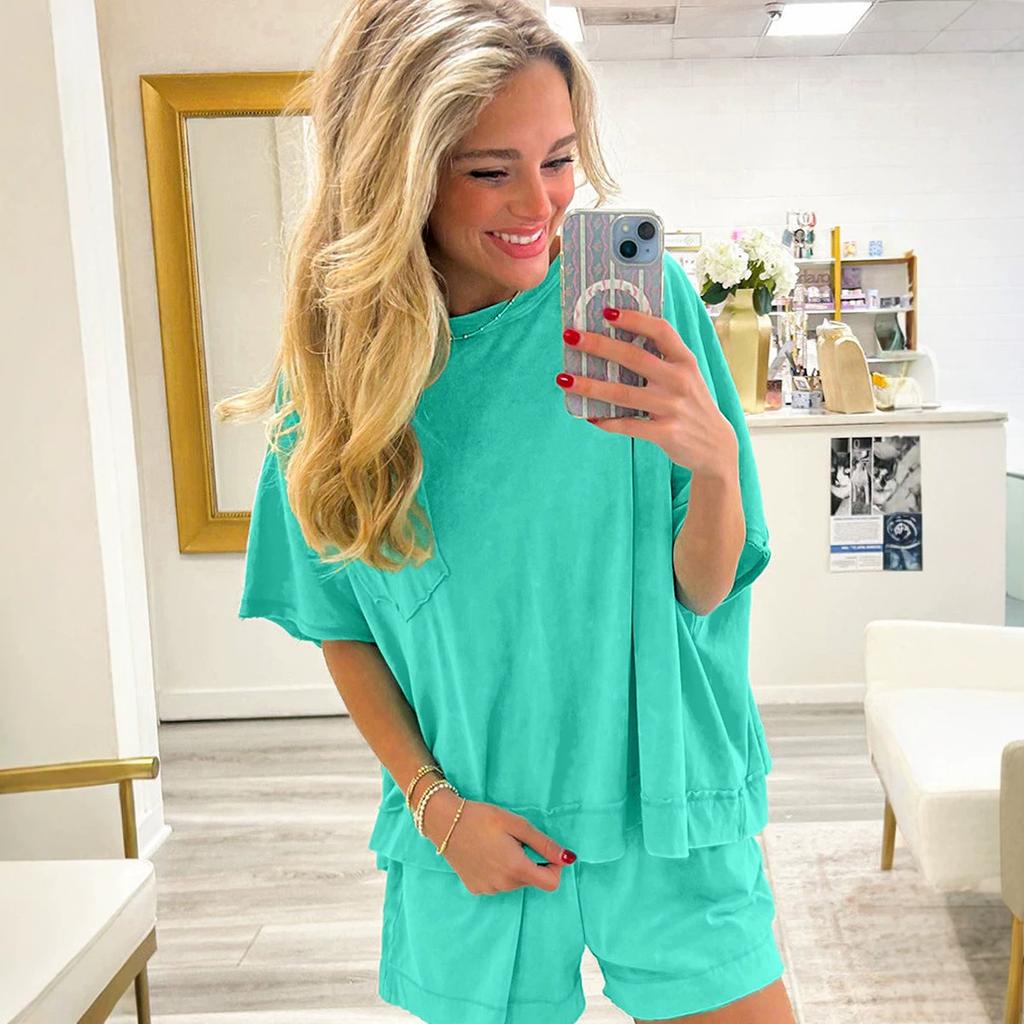 Women's Loose Two Piece Short Set Half Sleeve Pocket Tee Solid Casual Loungewear Matching Outfit
