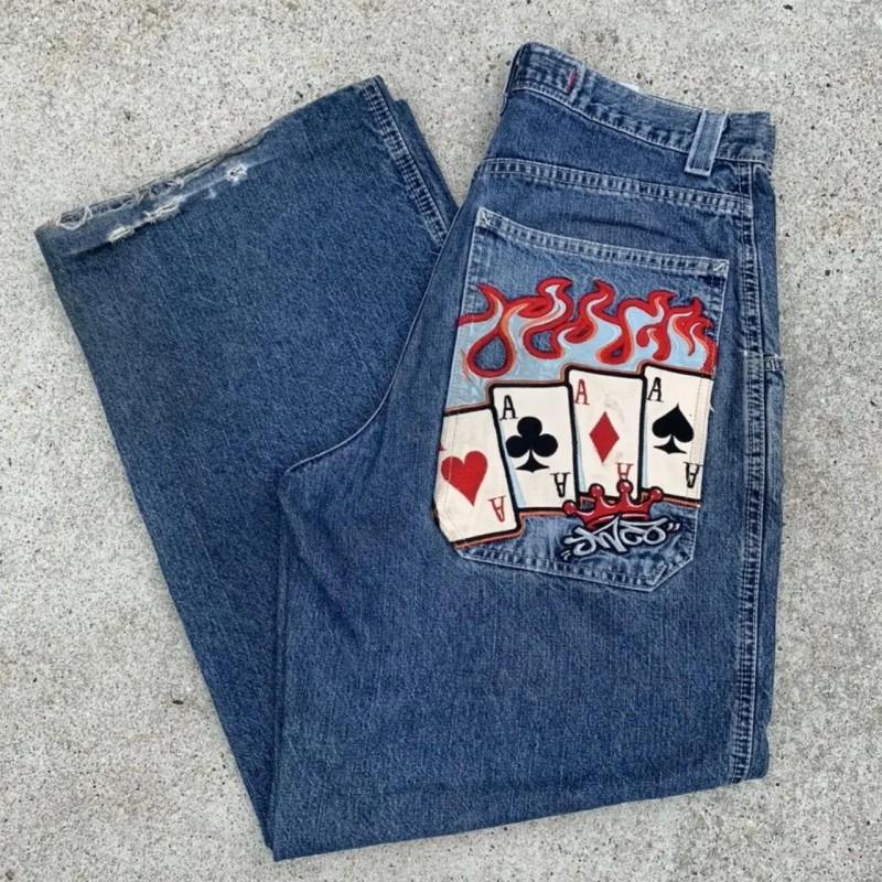 Mens Y2K Retro Loose Fit Denim Pants High Street Casual Punk Wide Leg Jeans Cotton Blend Mid-Rise Straight Cut