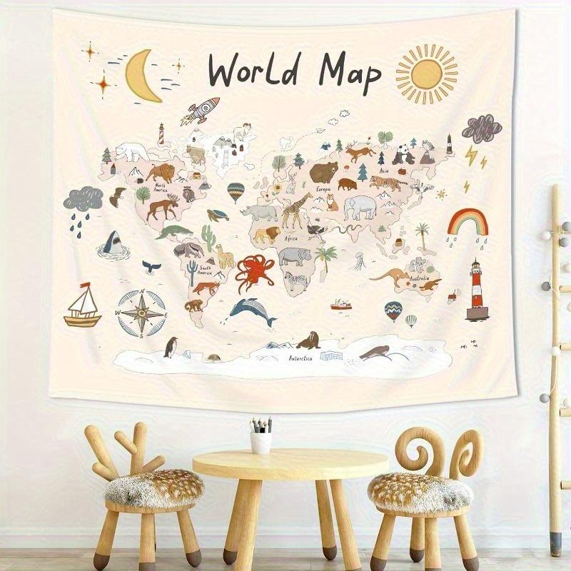 1pc World Map Tapestry with Cute Cartoon Animals, Sun, Moon, Rainbow And Plants - Educational Decor, Suitable for Youngsters' Bedroom, Living Room, Do