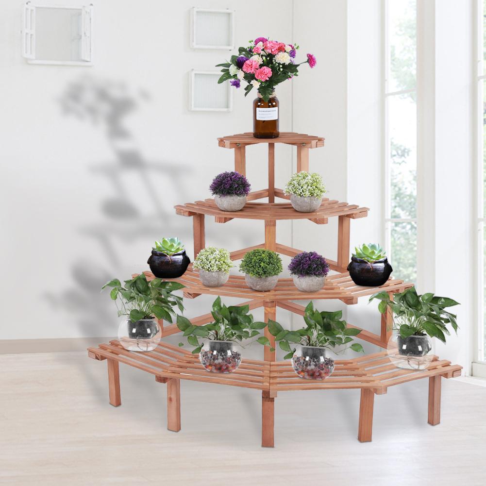 4 Tiers Pine Wood Corner Flower Pot Stand Plant Display Shelf Garden Decor (Natural Wood)