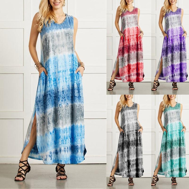 Summer Tie-dye Slit Irregular Hem Sleeveless Casual New Dress