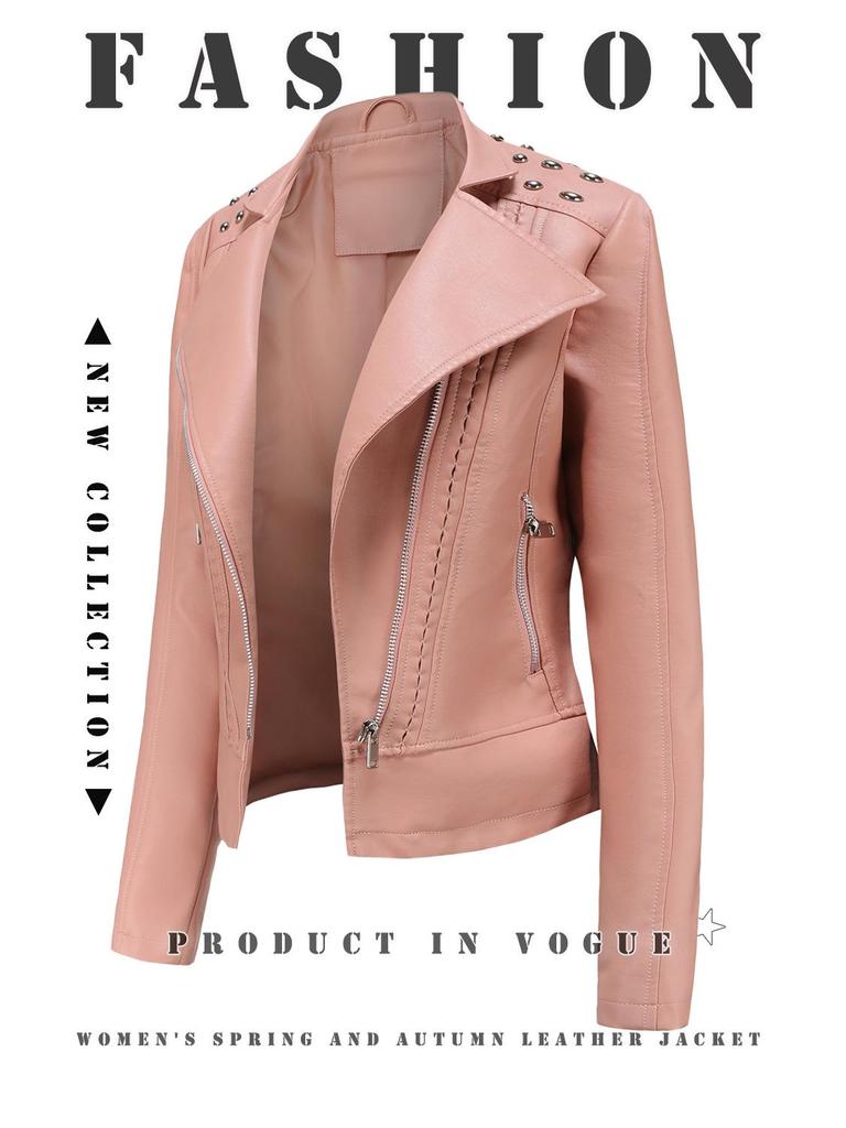 European Women's Beaded Leather Motorcycle Jacket - Long Sleeve, Lapel, Thin Fashion for Spring and Autumn 2023