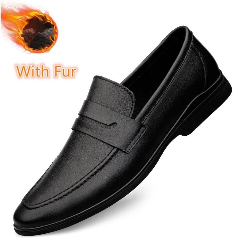 Fashion Mens Genuine Leather Casual Shoes Slip On Winter Plush Snow Loafers Non Slip Breathable Driving Flats Spring Walking Work Shoes