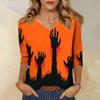 Women's Casual V-Neck 3/4 Sleeve Top with Halloween Print for Holiday Party and Daily Wear