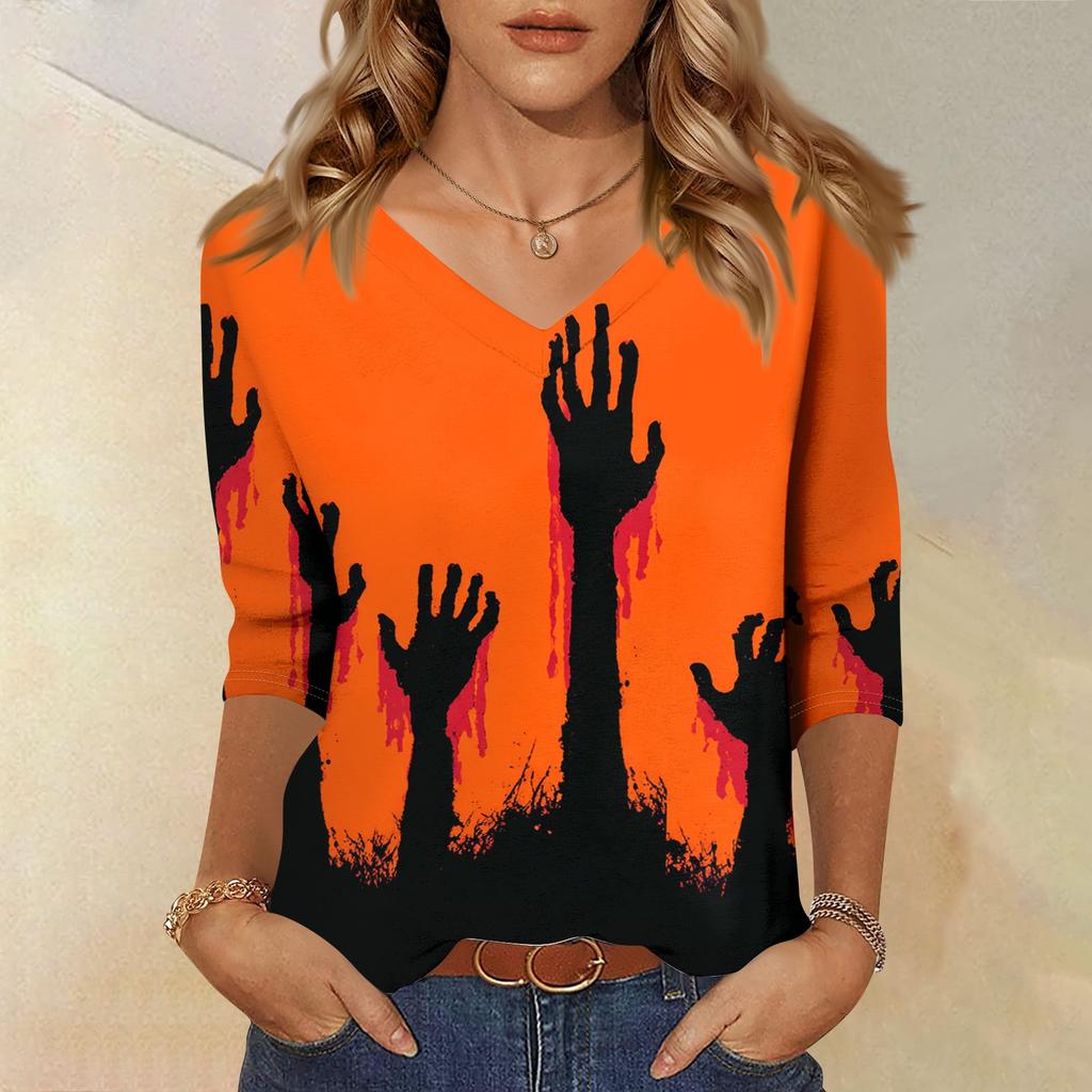 Women's Casual V-Neck 3/4 Sleeve Top with Halloween Print for Holiday Party and Daily Wear