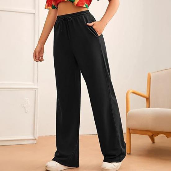 Women Wide Leg Pants Elastic High Waist Adjustable Drawstring Pure Color Long Sweatpants with Pockets Casual Lounge Pants Daily Wear