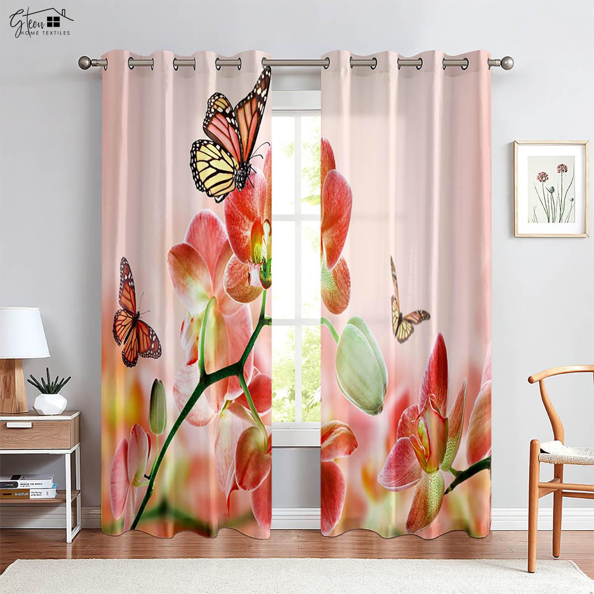 

Beautiful Butterfly Flower Drapes French American Retro Pastoral Fresh Bed Room Living Room Study Decorationation Drapes W50xH130(CM)x2PCS&Rod pocket