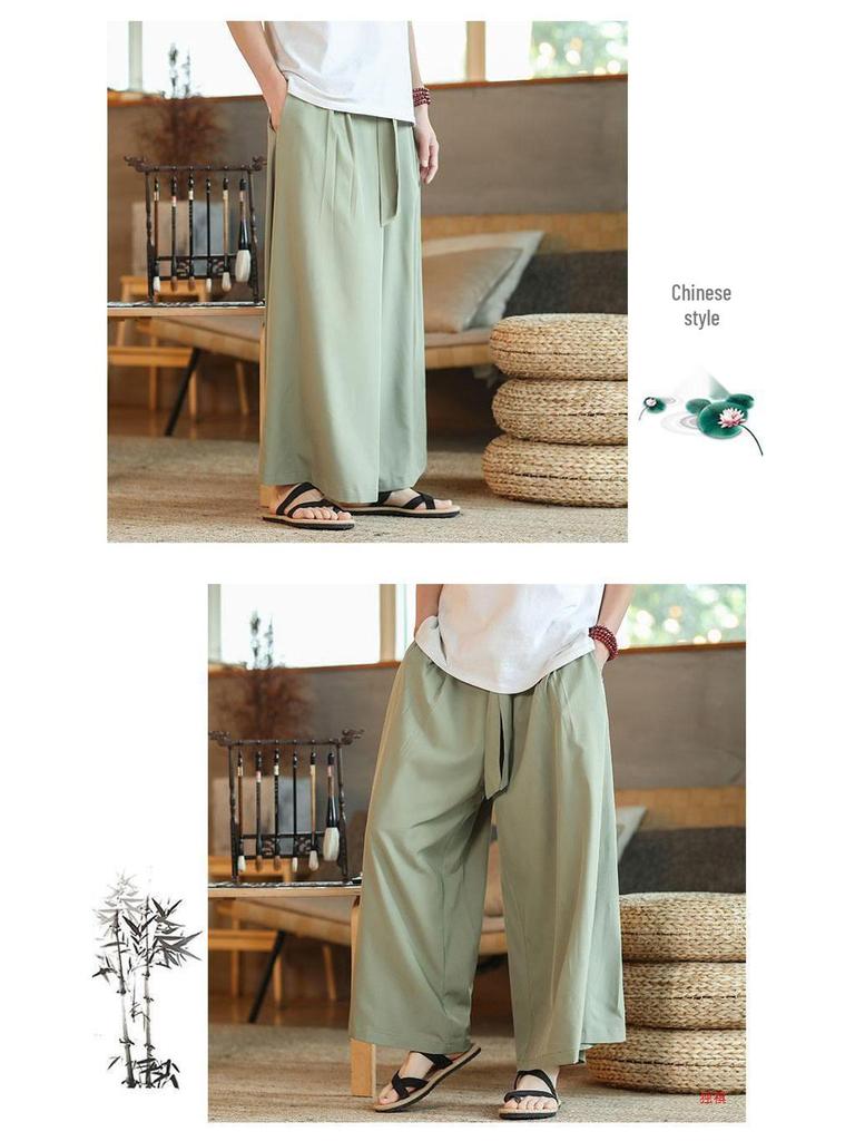 Men's Wide-Leg Ice Silk Culottes - Chinese Style Hanfu Tang Suit Meditation Skirt Pants