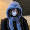 Blue Knitted Balaclava Hat Women's Season Warm Big Head Circumference Wool Hat Scarf Integrated Lei Feng Hat