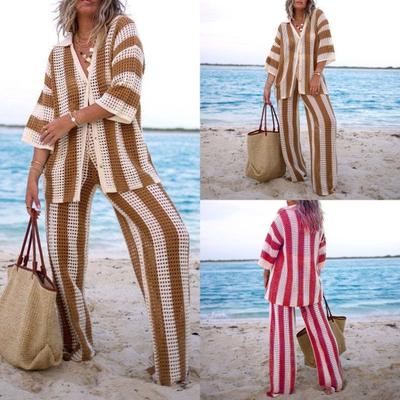 2 Pcs/Set Women Shirt Pants Set Knitted Hollow Out V Neck Single-breasted Three Quarter Sleeves Blouse High