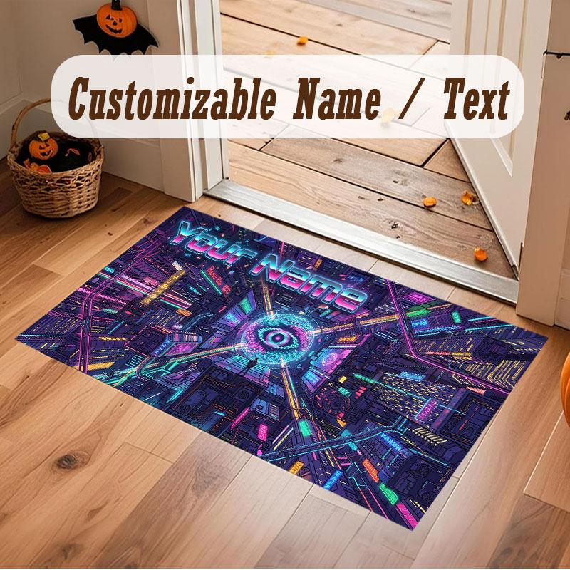 Stadt Cyberpunk Thema Kristall Samt Boden Teppich Personalisiert Benutzerdefinierter Name Text Warmer Teppich Heimdekoration