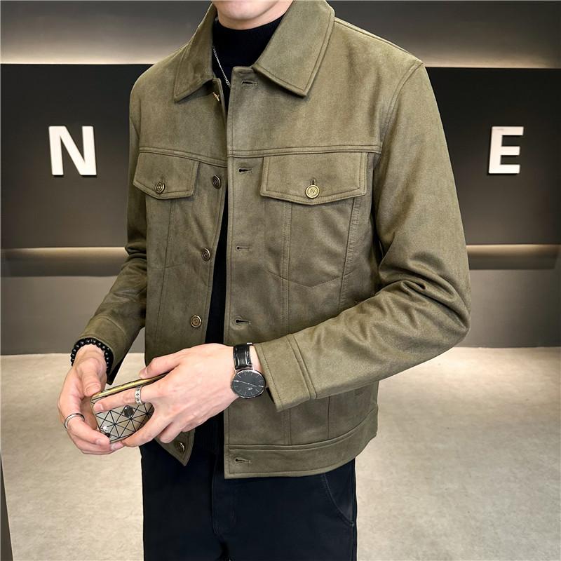 

Осенне-зимняя куртка из высококачественного оленьего велюра с подкладкой, мужское короткое однотонное пальто с лацканами, коричневое M - fits 50-57kg зелёный