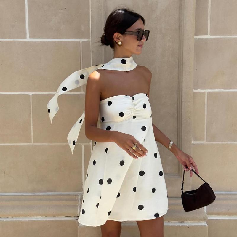 Polka Dot Halter Mini Dress Women Double Layer Lace Up Backless Boho Dresses Female Printed Dress For Beach Holiday Vestidos