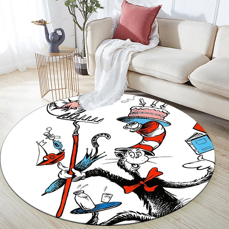 The Cat in the Hat Round Area Rug,Carpet Rug for Living Room Bedroom Sofa Playroom Decor,Non-slip Floor Mat