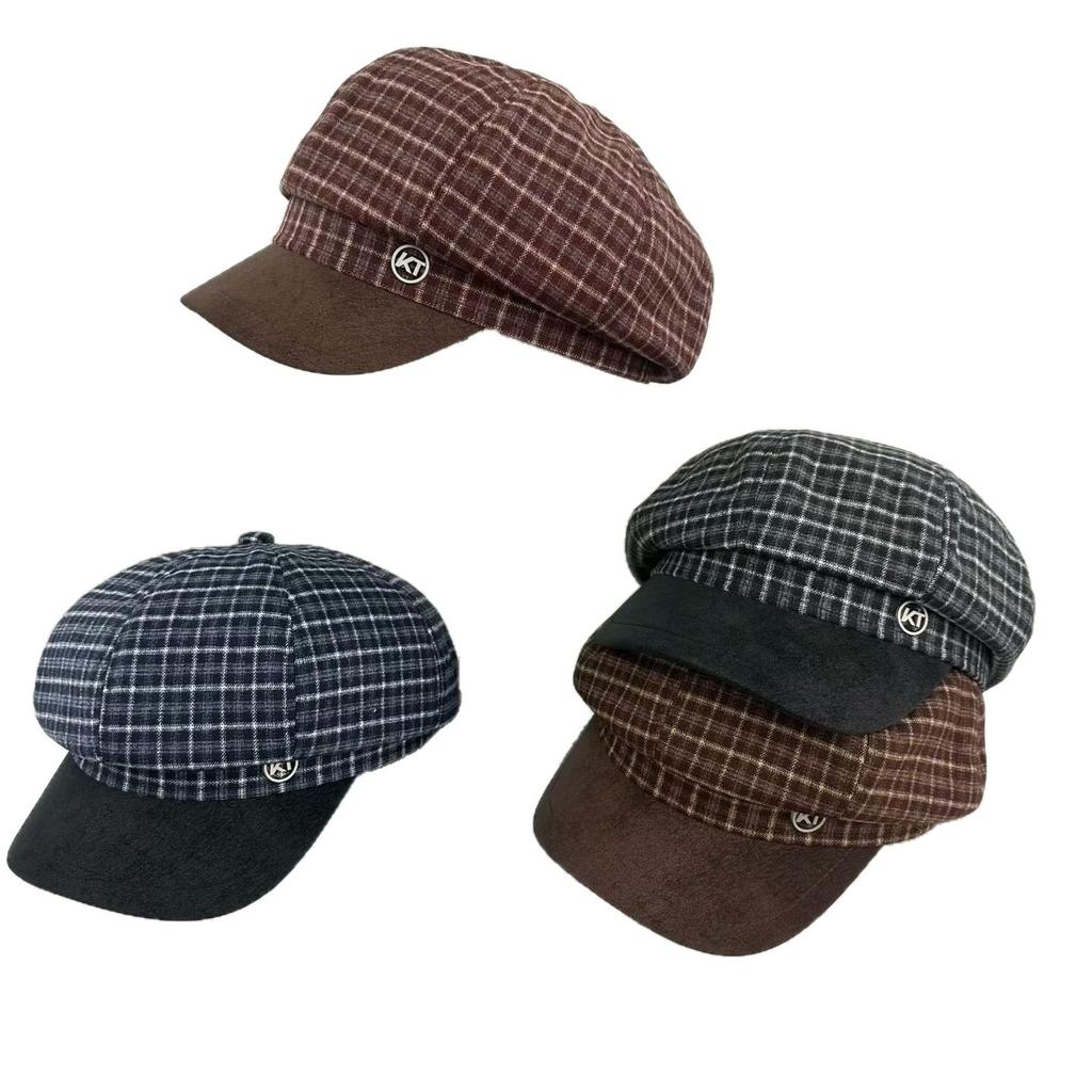 British retro plaid beret spring and autumn dome octagonal hat design sense pumpkin hat shows small face and big head circumference